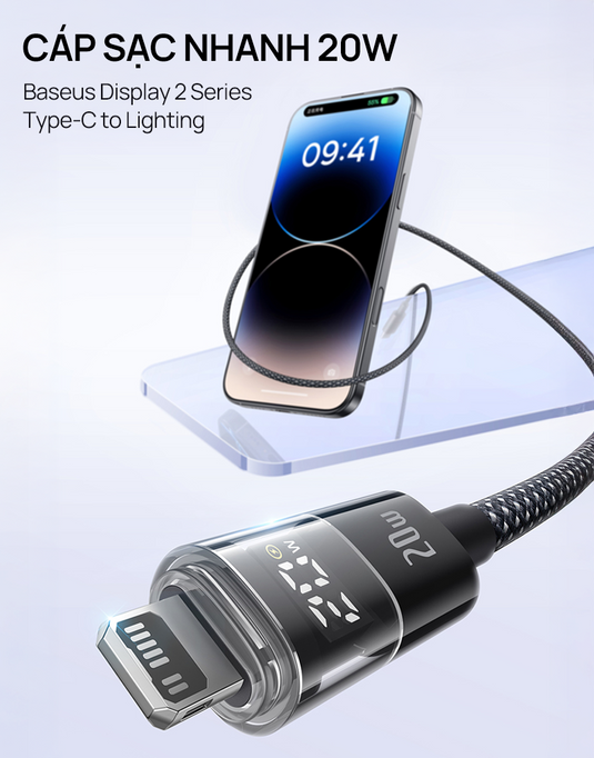 Cáp Sạc Nhanh Baseus Display 2 PD 20W - Type-C to Lightning