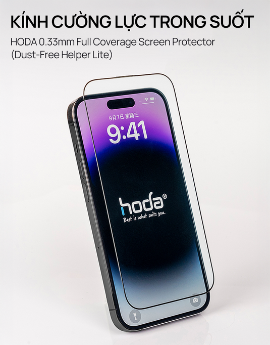 Kính Cường Lực HODA Trong Suốt iPhone 15/16 Series (Kèm Khung Dán)