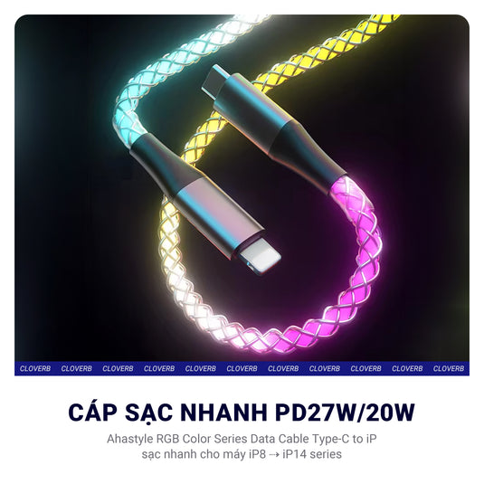 Cáp Sạc Nhanh iPhone - Ahastyle RGB Color Series, 2.4A Max, USB to Lighting