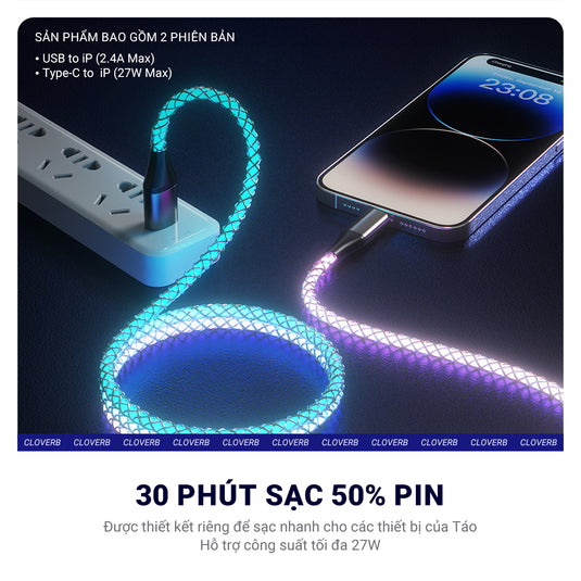 Cáp Sạc Nhanh iPhone - Ahastyle RGB Color Series, 2.4A Max, USB to Lighting