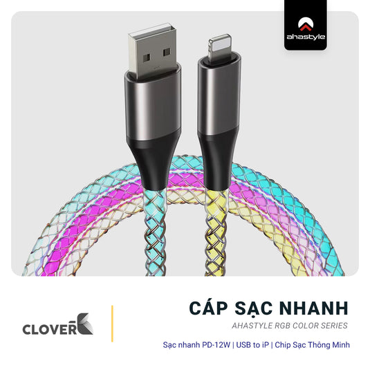 Cáp Sạc Nhanh iPhone - Ahastyle RGB Color Series, 2.4A Max, USB to Lighting