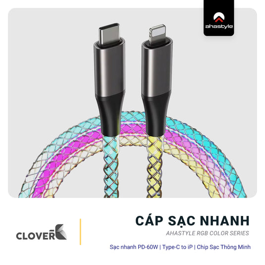 Cáp Sạc Nhanh iPhone - Ahastyle RGB Color Series, PD-27W, Type-C to Lighting