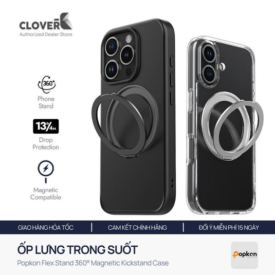 Ốp Lưng Popkon Flex Stand - Chống Sốc, Chân Đế 360°, Sạc Không Dây từ Tính, Siêu Mỏng